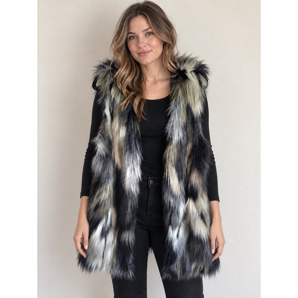 Shoedazzle Faux Fur Hooded Vest Multi Color Grey Black Shaggy 1X SDAP-J00034-P
